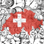 Umriss Schweiz in Rot mit weißem Kreuz und Zahnrädern