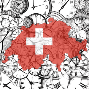 Umriss Schweiz in Rot mit weißem Kreuz und Zahnrädern