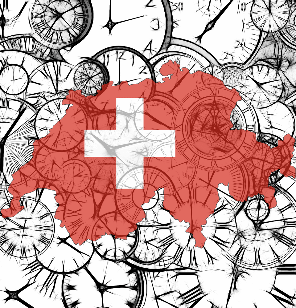 Umriss Schweiz in Rot mit weißem Kreuz und Zahnrädern