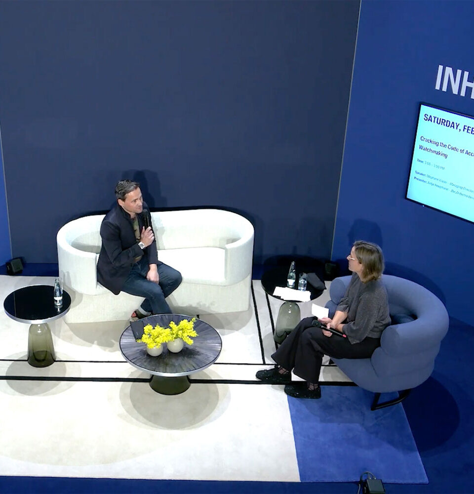 Blick auf die Watch Talks Bühne der Inhorgenta 2026 mit Stèphane Waser und Antje Heepmann
